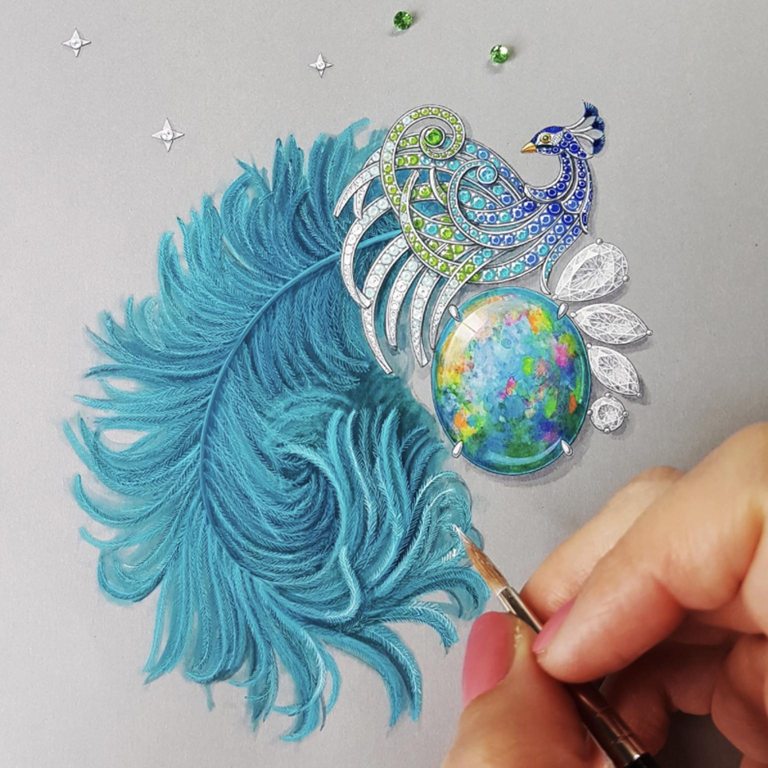 Paon d’opale brooch by Hélène and Jeanne Karpov, founders of The Art of the Gouache