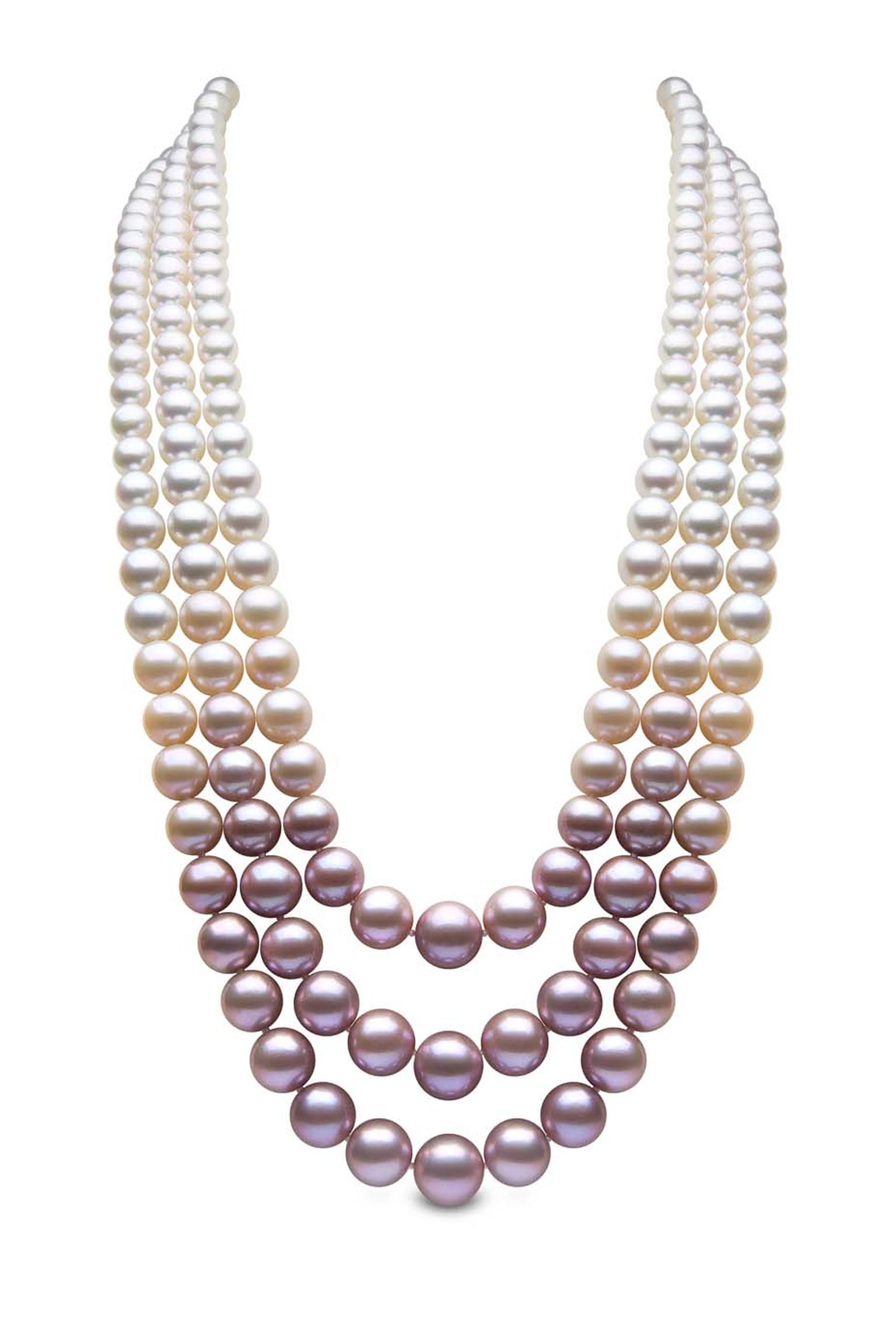 YOKO London three-strand pearl necklace with South Sea, Akoya and natural colour pink freshwater pearls.