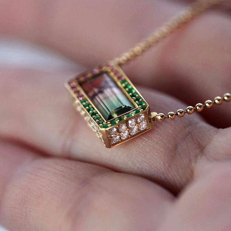 Watermelon tourmaline necklace by Lena Cohen